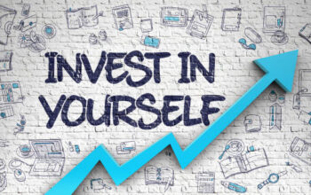 Invest In Yourself - Development Concept with Doodle Design Icons Around on the White Brick Wall Background. Brick Wall with Invest In Yourself Inscription and Blue Arrow. Improvement Concept. 3D.